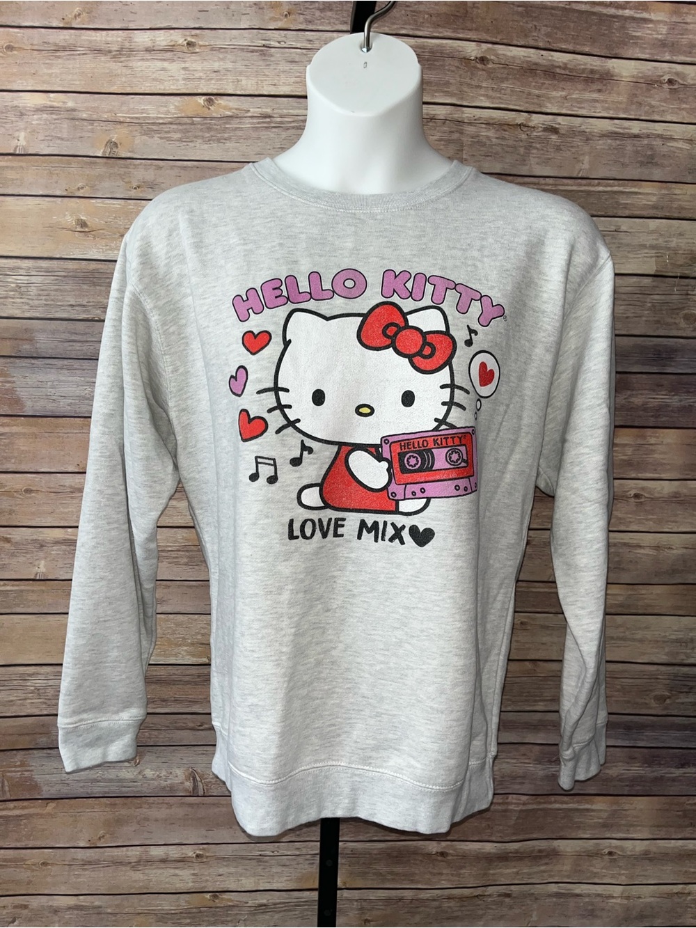 Hello Kitty Light Gray Sweatshirt with Pink & Red Graphic - Size Large